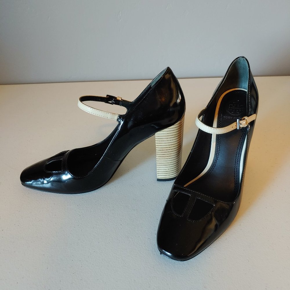Tory Burch Black Patent Mary Jane Pump with Cream Strap and Stacked Heel
